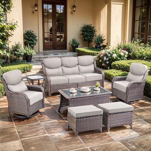 7-Piece Wicker Outdoor Patio Furniture Set - Swivel | Brown with Thick Cushions for Patio, Garden & Porch