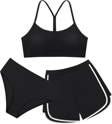 Girls 3 Piece Swimsuit Bathing Suits Solid Bikini Set with Printed Sports Shorts Swimwear for Teen Girls