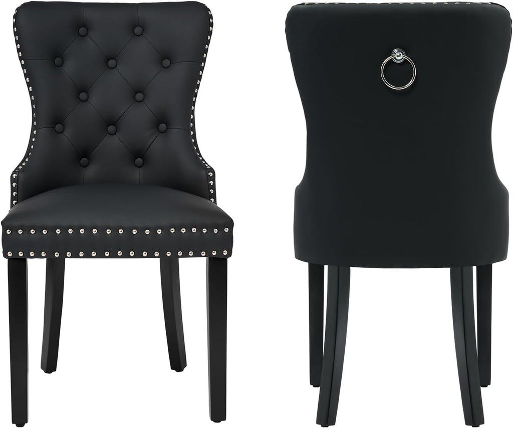 PU Leather Dining Chairs Set of 2, Upholstered Dining Room Chairs with Wooden Legs & Pull Ring, Modern Kitchen Chairs