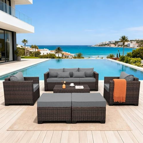 6-Piece Wicker Outdoor Patio Furniture Set | Dark Grey for Patio, Garden & Porch