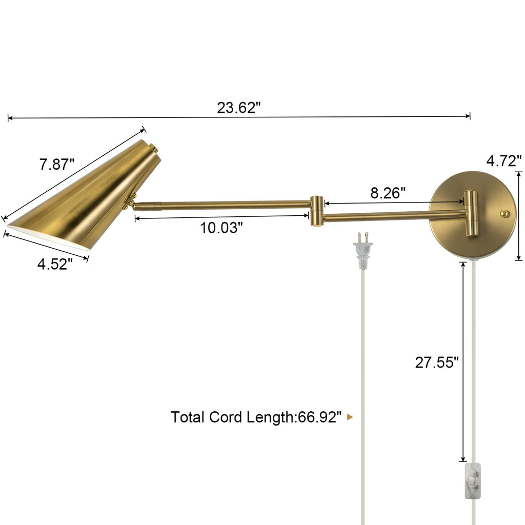 Plug in Wall Sconce Set of 2, Brass Swing Arms Wall Light Plug-in Wall Lamp Living Room Wall Lamp