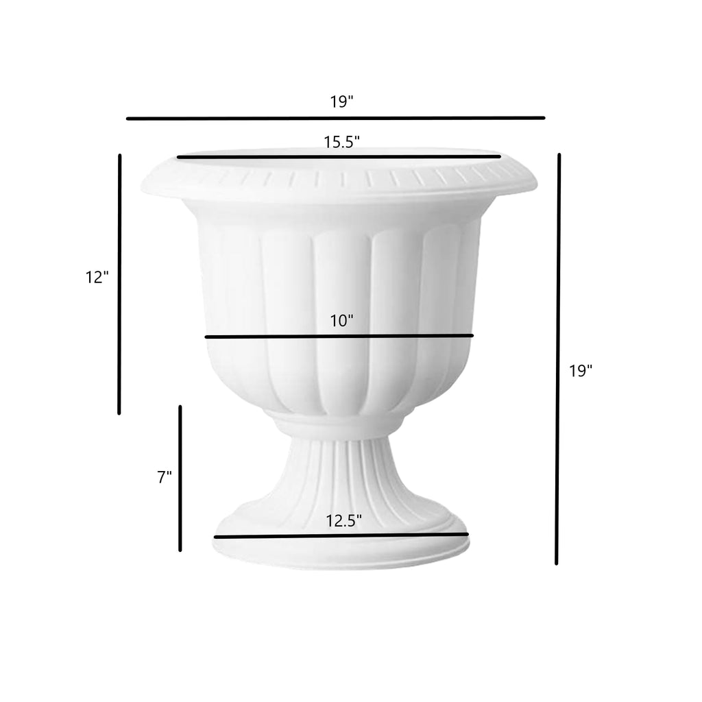 Plastic Classic Fluted Urn Planter, White, 19in (Pack of 2) - Decorative Flower Pots for Outdoor & Indoor Use
