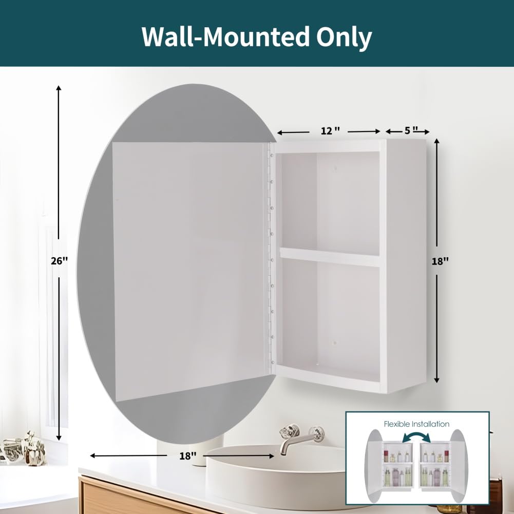 Oval Medicine Cabinet with Mirror, 18 inch x 26 inch Frameless Mirrored Medicine cabinets with Mirror, Surface Mounted