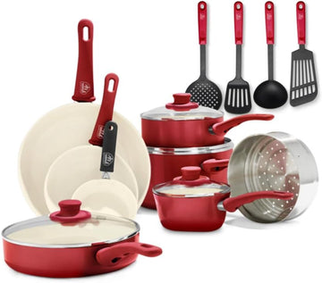16 Piece Nonstick Cookware Set, Soft Grip Non-Toxic PFAS-Free Ceramic Pots & Pans, Dishwasher & Oven Safe, Frying