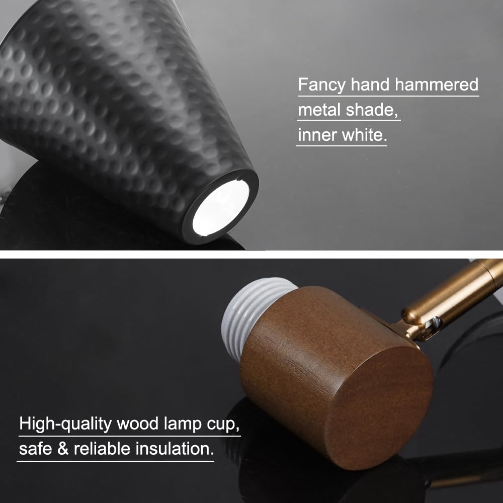 Black Plug in Wall Sconces Set of 2, Modern Bedroom Wall Light with on/off Cord, Wooden Plug Sconce with Hammered