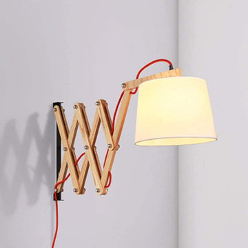 Modern Adjustable Wood Wall Lamp Plug-in with Accordion Arm, Fabric Shade Reading Light Fixture Bedside, Living Room