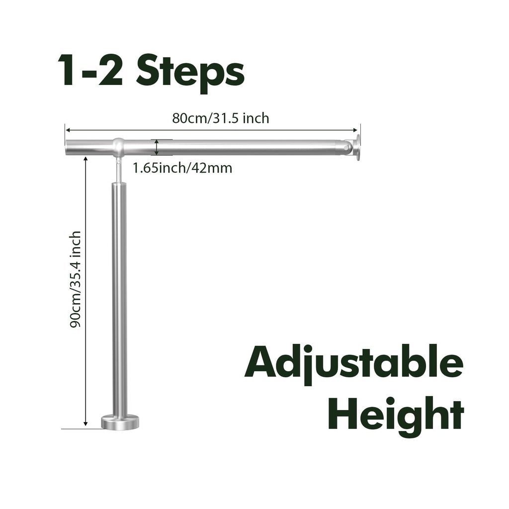 Hand Rails for Steps, 1-2 Step Stainless Steel 304 Single Post Stair Handrail Wall Mount, Indoor Outdoor Stair