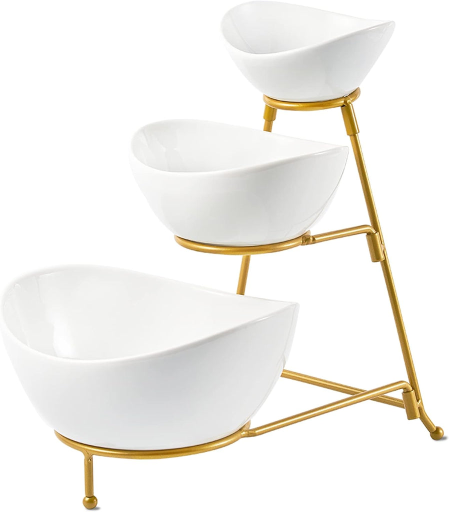 3 Tier Serving Bowls Set Tiered Serving Stand, Porcelain Oval Bowls with Collapsible Metal Stand for Entertaining
