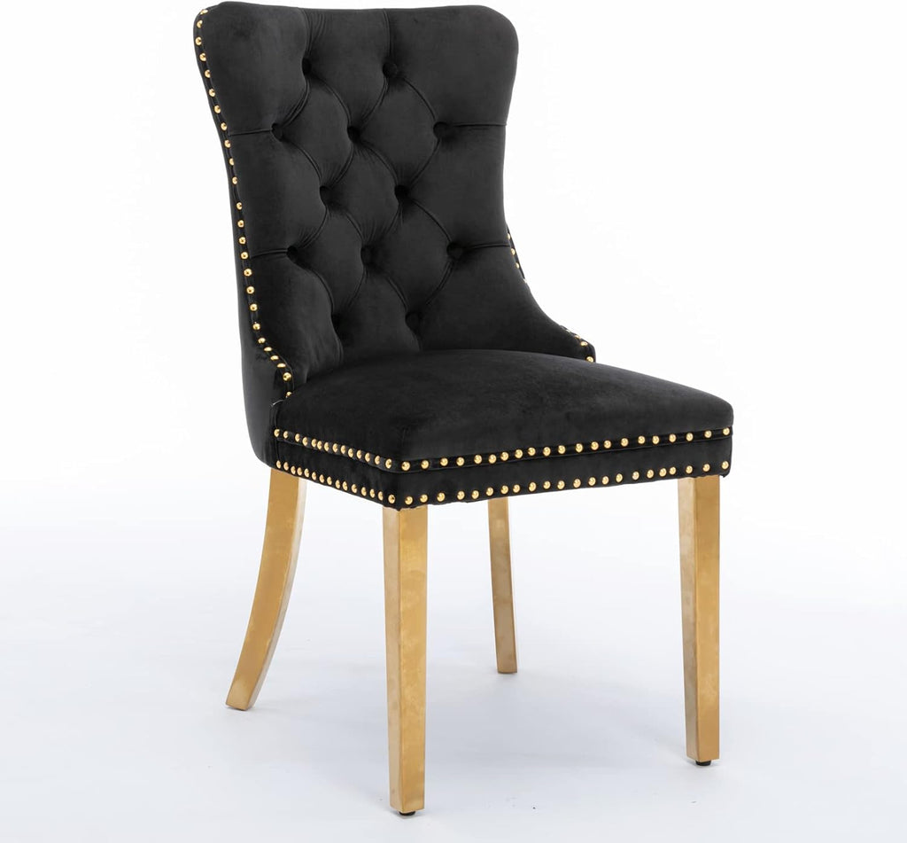 Solid Wood Velvet Upholstered Dining Chair with Golden Stainless Steel Plating Legs,Contemporary Design W/Nailhead