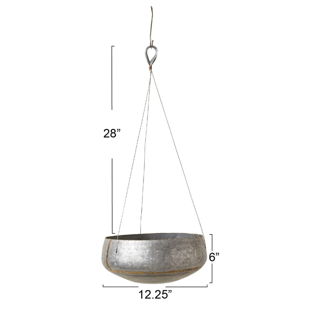 Round Galvanized Metal Hanging Planter with Rope and Hook, Silver and Gold