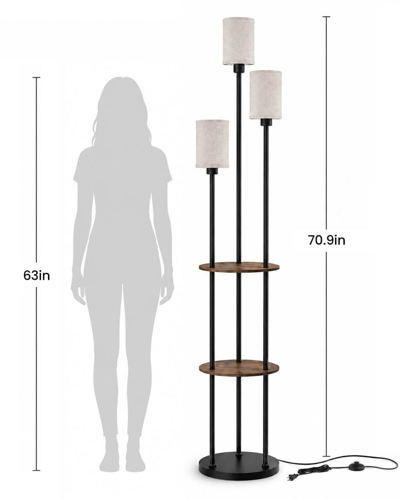 71" Floor Lamp with Shelves, 3-Tier Standing Light, Black and Beige