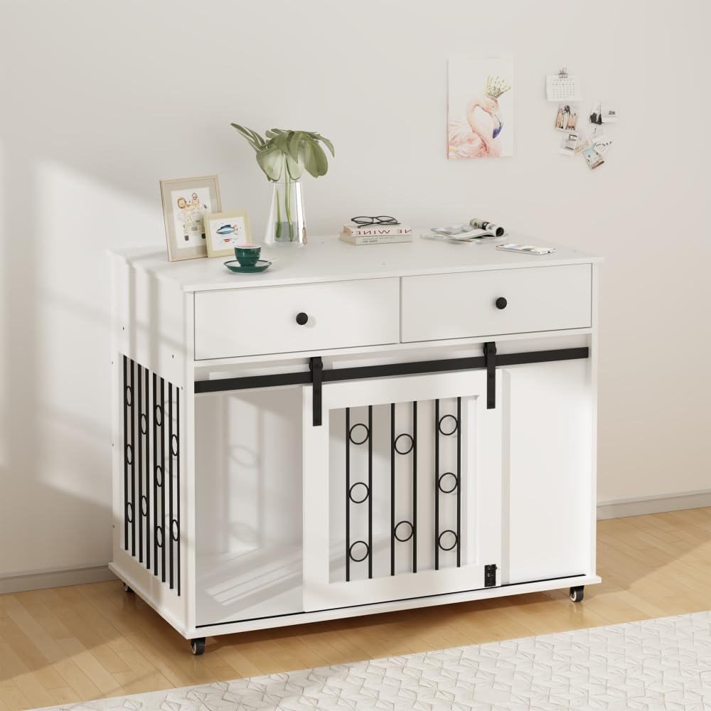 Dog Crate Furniture Wooden Dog Crate Pet Kennel - Dog Cage End Table, Sliding Barn Door, Lockable Wheels, White
