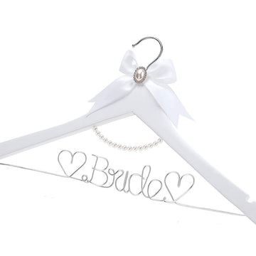 White Solid Wood Bridal Dress Hanger with Bridal Wire Lettering for Bridal Wedding Party Gift (White Hanger Silver
