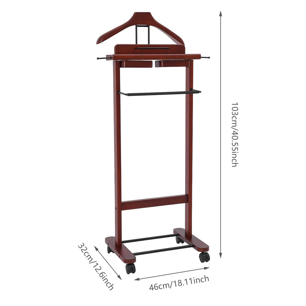 Clothes Valet Stand, Wood Valet Stand Suit Rack Stand with Drawer for Men/Women, Contour Hanger, Trouser Bar, Belt