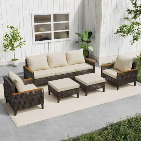 7-Piece Wicker Outdoor Patio Furniture Set | Beige All-Weather Resistant with Thick Cushions for Patio, Garden & Porch