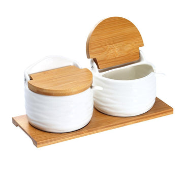 Ceramic Sugar Bowl with Bamboo Lids and Spoons Serving Tray, Porcelain Sugar Container for Sugar Tea Coffee