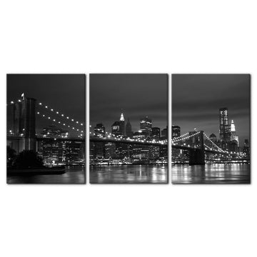 York Brooklyn Bridge Canvas Wall 3 Panels Night View Modern Landscape Artwork Cityscape Pictures Prints on Canvas
