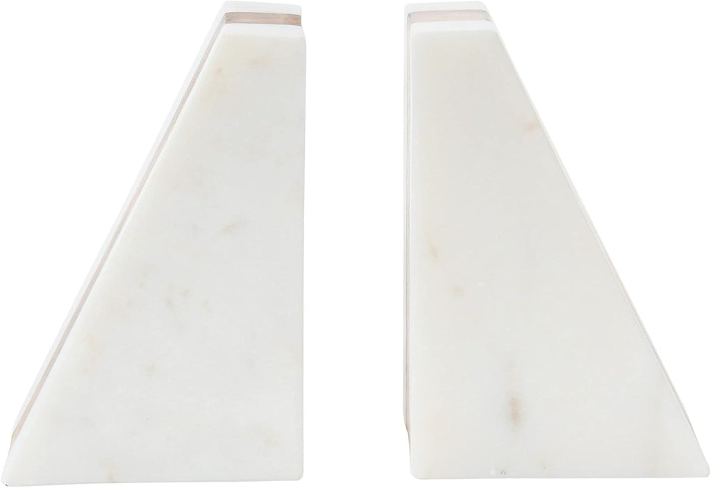 Marble Geometric Bookends with Wood Inlay, White