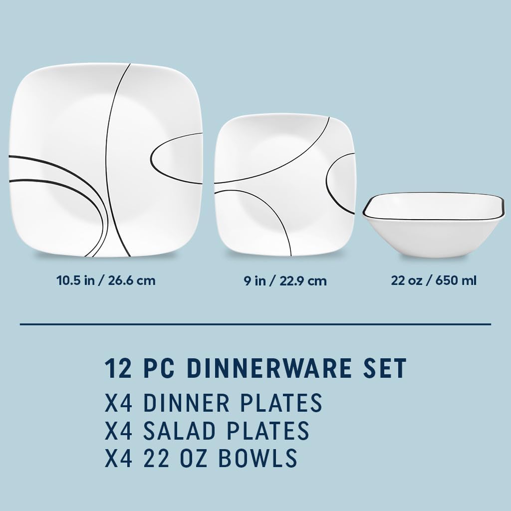 18-Piece Service for 6 Dinnerware Set Triple Layer Glass and Chip Resistant, Lightweight Square Plates and Bowls Set