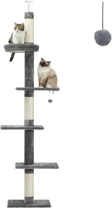 5-Tier Floor to Ceiling Cat Tree, 95-107In Tall Cat Tower Grey