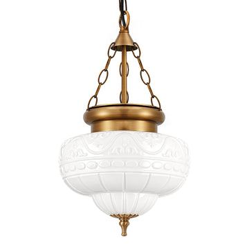 Vintage Brushed Antique Brass Pendant Light Island, Handblown Textured Milky Glass Hanging Light Fixture, Adjustable