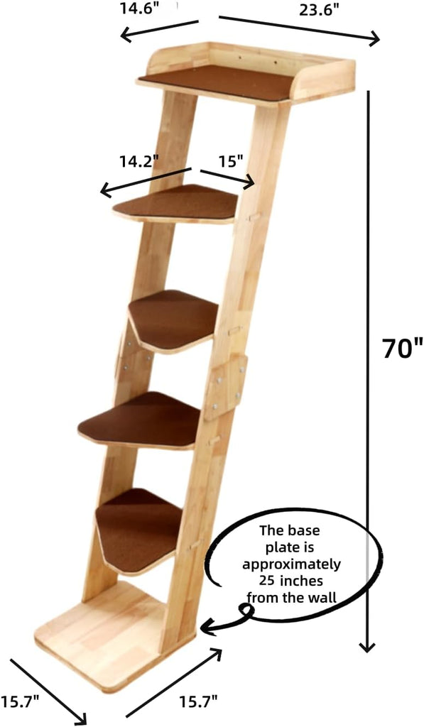 Modern 70" Tall Natural Wood 6 Level Leaning Cat Climbing Ladder Tree Tower with Large Perch Platform for Wall