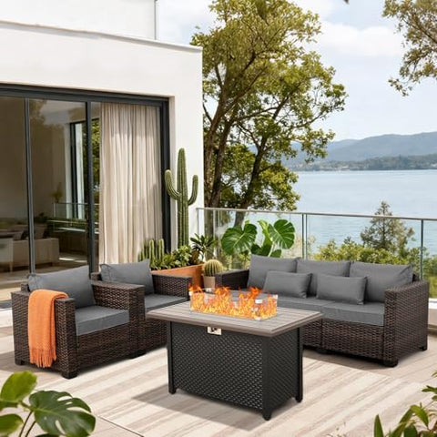4-Piece Wicker Outdoor Patio Furniture Set - Fire Pit | Dark Grey for Patio, Garden & Porch