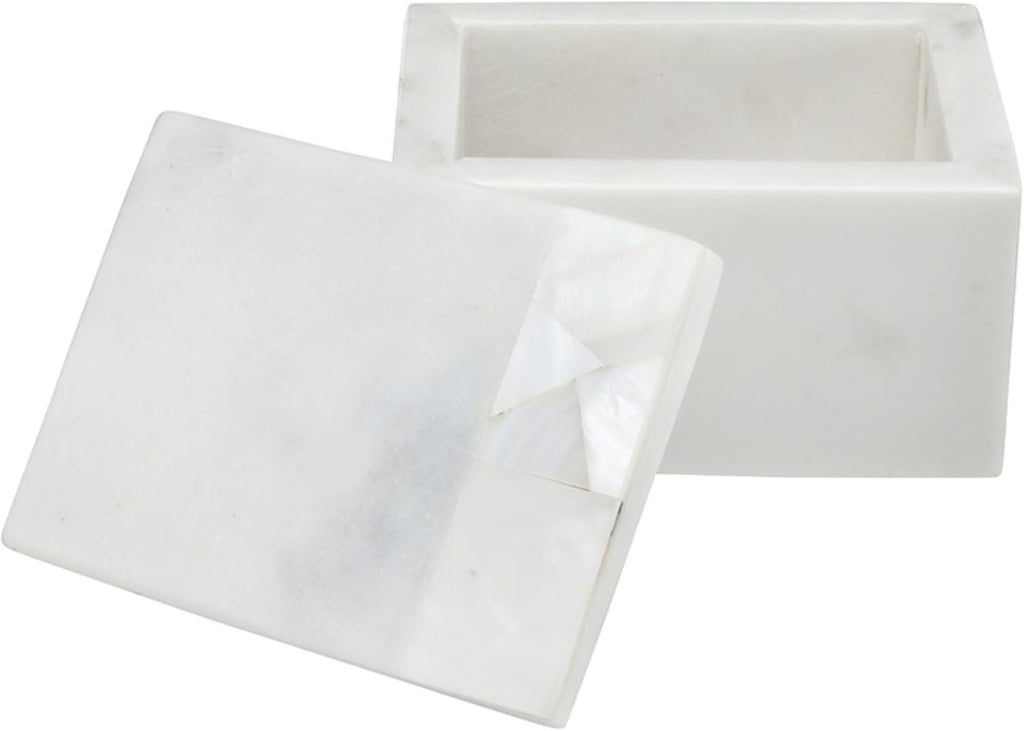Keepsake Box with Lid - Handcrafted Marble with Mother of Pearl Inlay, 4" Long x 3" Wide x 2.5" Tall, White Grey