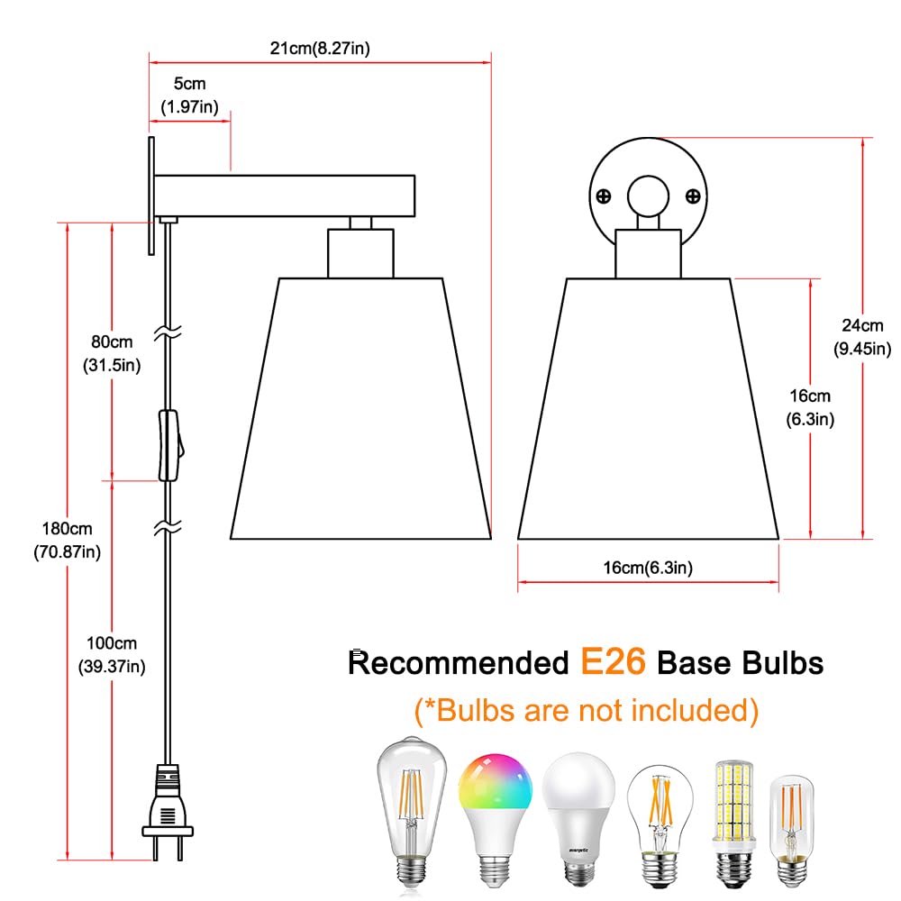 Plug in Wall Sconces Set of Two, Wall Lamp with Plug in Cord, Black Wall Sconce Light Plug in, Bedside Wall Mounted