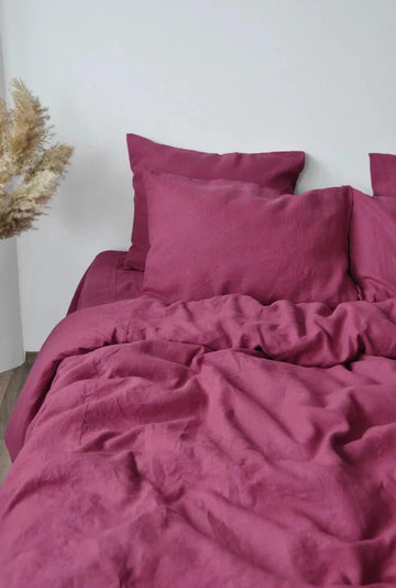 Raspberry Linen Bedding Set 1 Duvet Cover and 2 Pillowcases Softened Linen Comforter Cover Set Quilt Cover Set Hidden