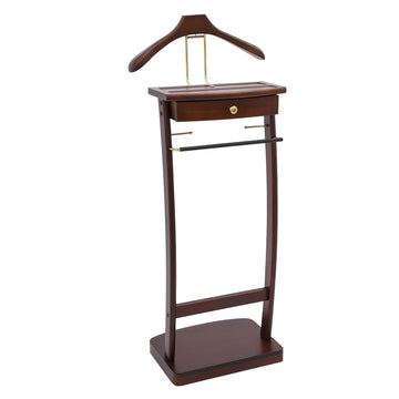Suit Valet Stand Wood Valet Stand for Man, Wooden Clothing Valet Stand with Contour Hanger, Drawer, Trouser Bar, Tie