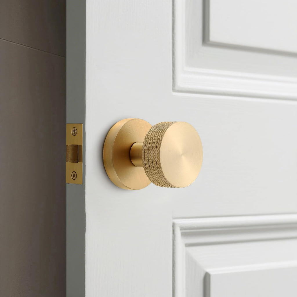 Knurled Brass Privacy Door Knob - Solid Brass Industrial Style Handle with Brushed Finish - Fixed 70mm Backset Doors