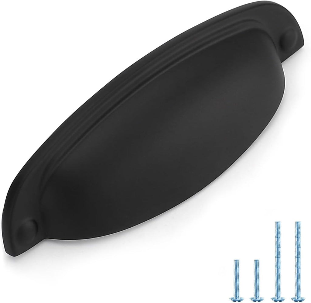 10 Pack Cup Pulls 3-3/4" (96mm) Hole Center - Matte Black Zinc Alloy Cabinet Handles for Drawers, Dressers, Kitchen &