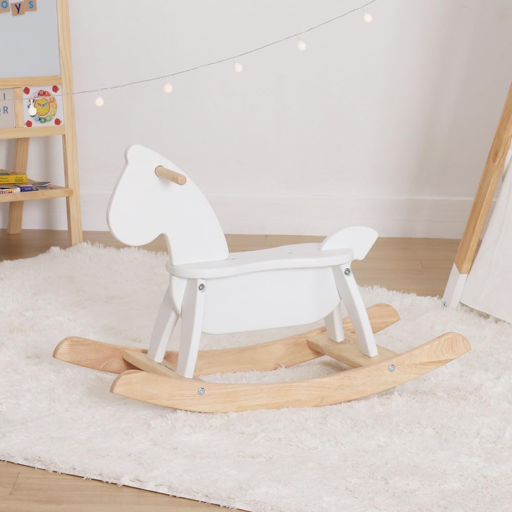 White Wooden Rocking Horse Funny for Toddlers (Ages 2-4) - Solid Rubber Wood, Smooth Surface for Creative Decoration