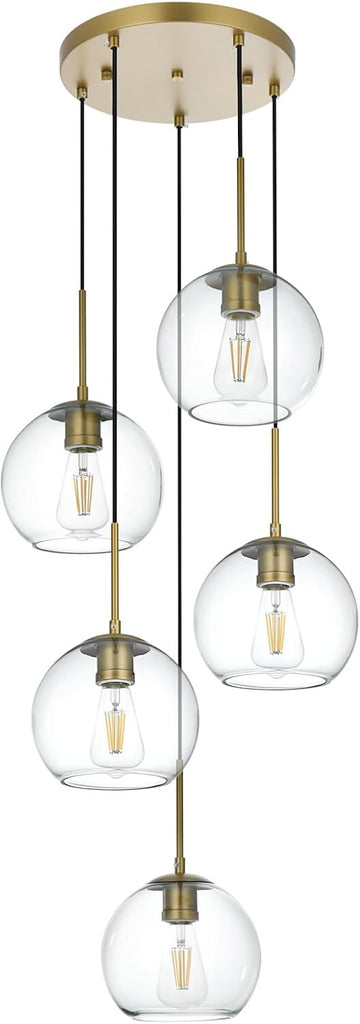 Living District Baxter 5-light brass pendant with clear glass