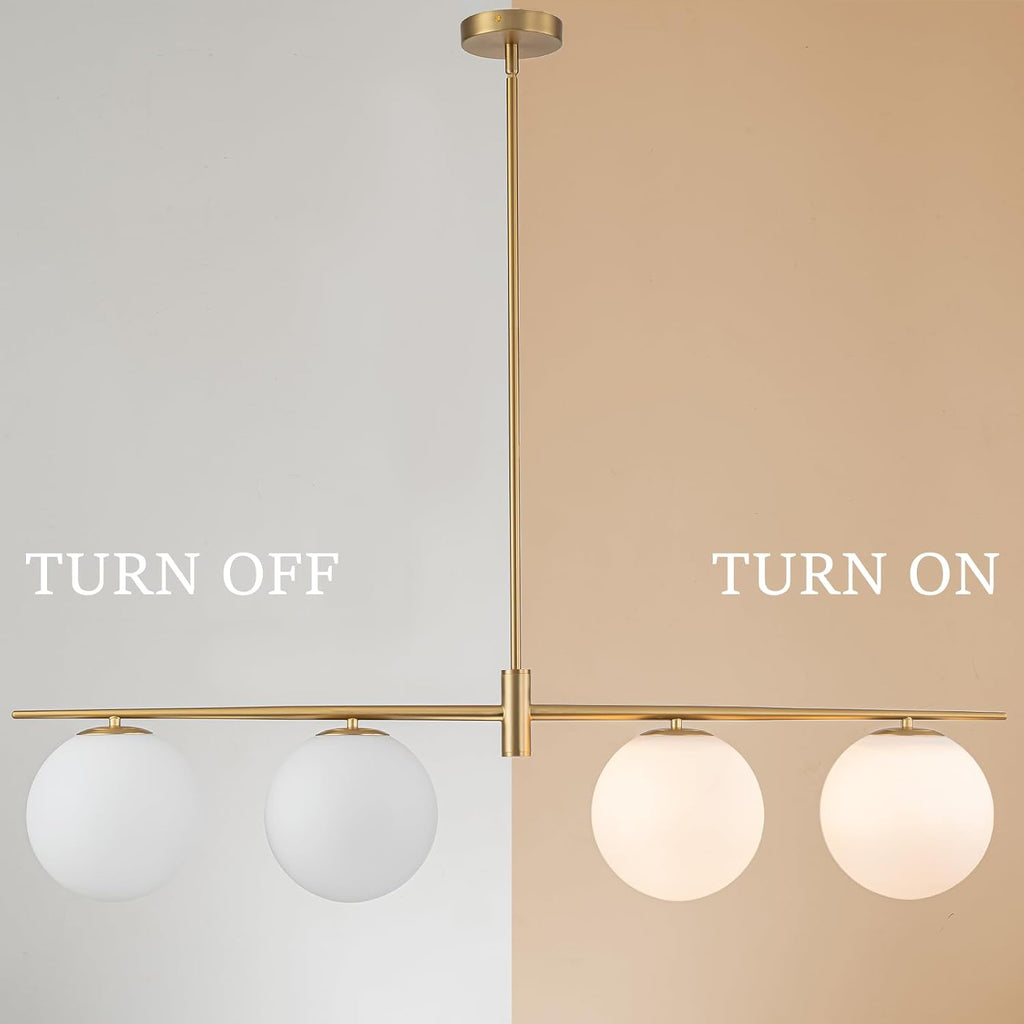 45.3" Modern Linear Chandelier 4-Lights Milk Glass Globe Linear Pendant Light Fixture Brushed Gold Mid Century