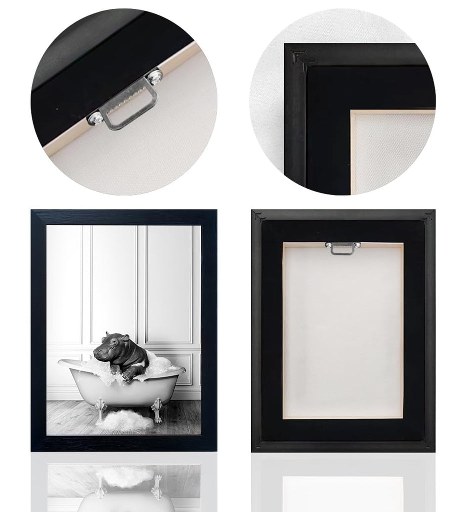 Framed Bathroom Decor Wall Art Black and White Canvas Print Cute Hippo in Bathtub Wall Art Bathrom Painting for Wall
