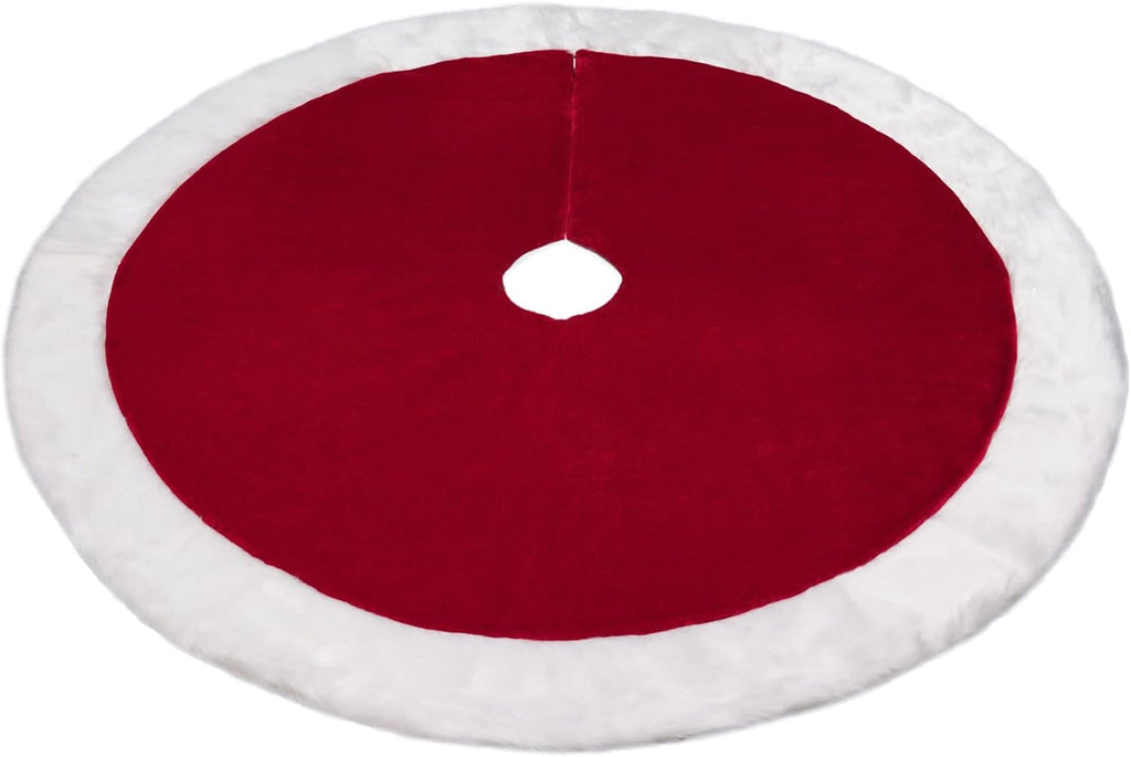 54 Inch Diameter Large Dark Red Velvet Tree Skirt with Hi-Pile White Border - Classic Extra Large Size Plush
