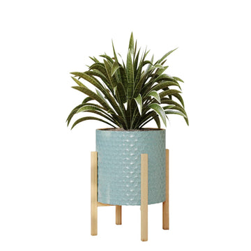 Mid-Century Modern Rhys Honeycomb Embossed Planter Pot with Kinsley Wood Stand, Metal Indoor Plant Pots, Blue Green
