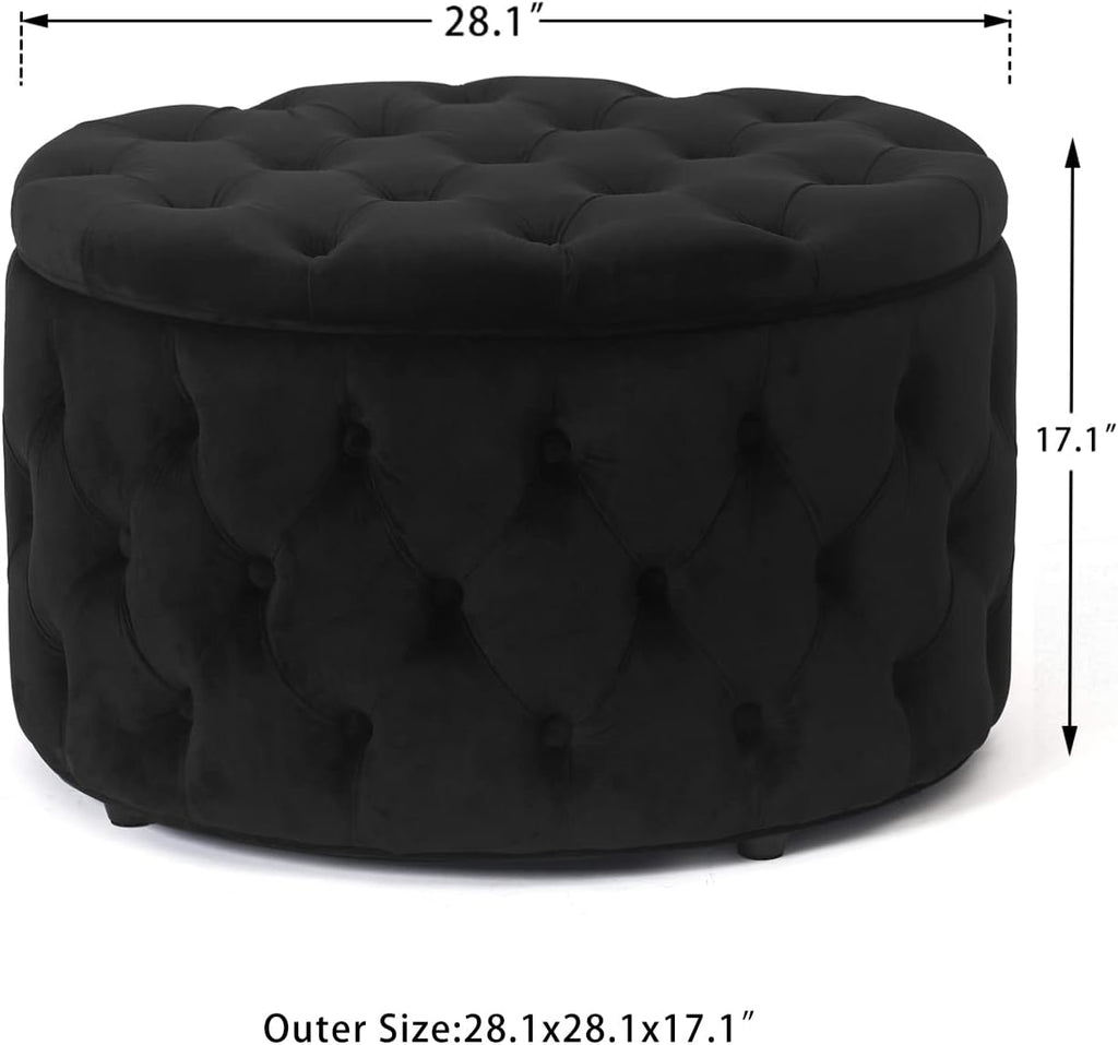 Round Storage Ottoman, Button Tufted Upholstered Ottoman with Removable Top, Storage Bench Coffee Table Footrest