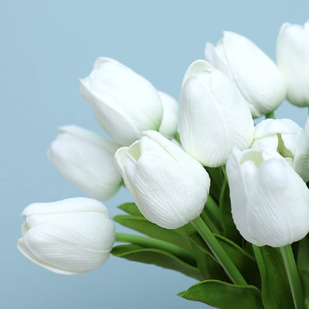 30PCS Real-Touch PU Artificial Tulip Flowers Wedding Party Decor (Pure White)