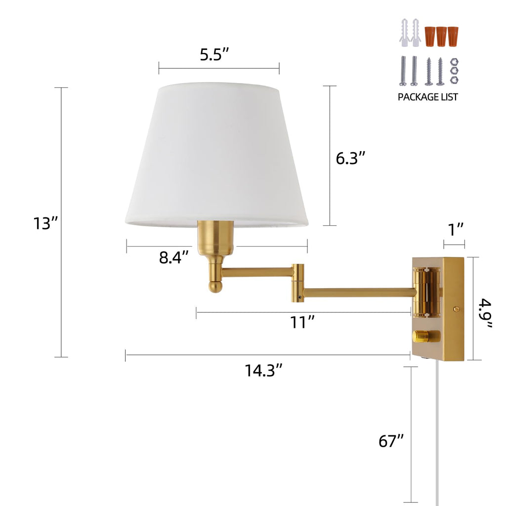 Gold Swing Arm Wall Lamp White Fabric Shade Plug in or Hardwired