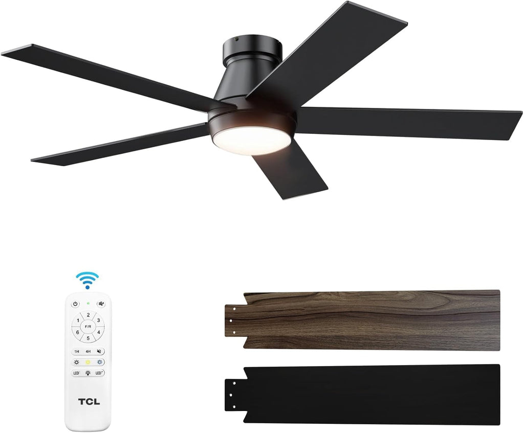 52" Ceiling Fan with Lights, Black Flush Mount Ceiling Fans with Remote Control, 6 Speeds DC Reversible, Dimmable, Noiseless, Low Profile Ceiling Fans for Bedroom A101-B0D4Z9M7T7