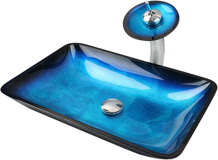 22" Blue Bathroom Vessel Sink,Rectangle Tempered Glass Washing Sink Bowl with Faucet And Drain, Artistic Bowl Sinks