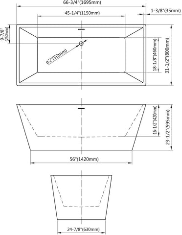 Dowell 072 66" Luxury Contemorary High Grade Acrylic FREE STANDING Bathtub Modern Red