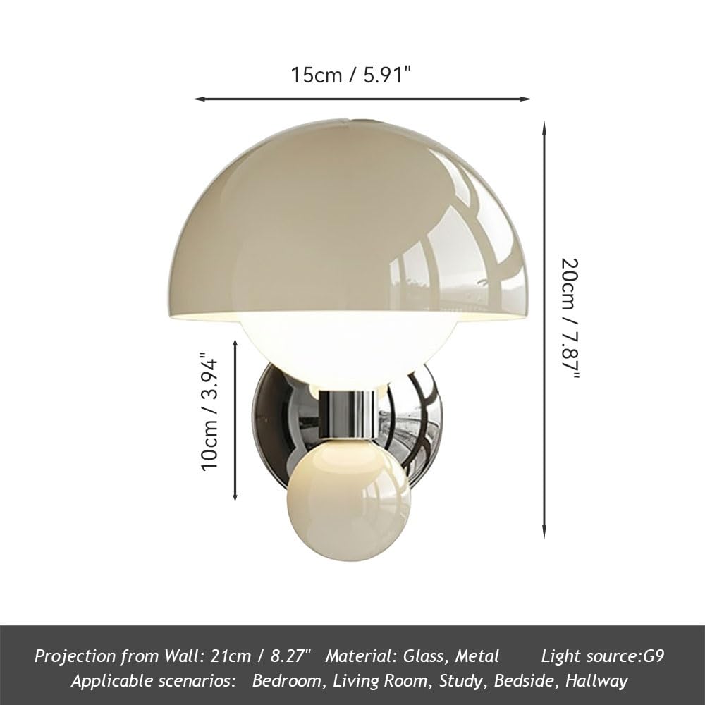 Modern Mushroom Wall Sconce, Minimalist Cream White Glass Globe Lamp, Chrome LED Bedside Lighting, Aesthetic Wall