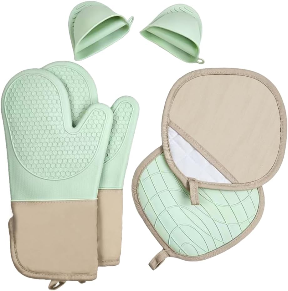 6-Piece Silicone Oven Mitts Set, Heat Resistant Kitchen Gloves with Soft Cotton Lining, Pot Holders & Mini Mitts for