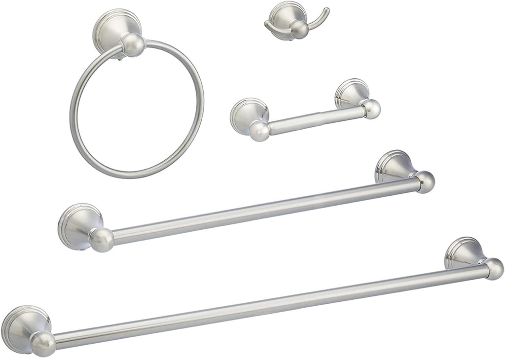5 Piece Bathroom Hardware Set, Satin Nickel, Towel Bar, Toilet Paper Holder, Towel Ring, Robe Hook, AB-BR817-SN