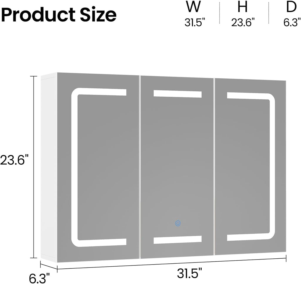Medicine Cabinet Organizer with Mirror, Lighted Bathroom Medicine Cabinet with Storage, 3 Doors Bathroom Wall Cabinet