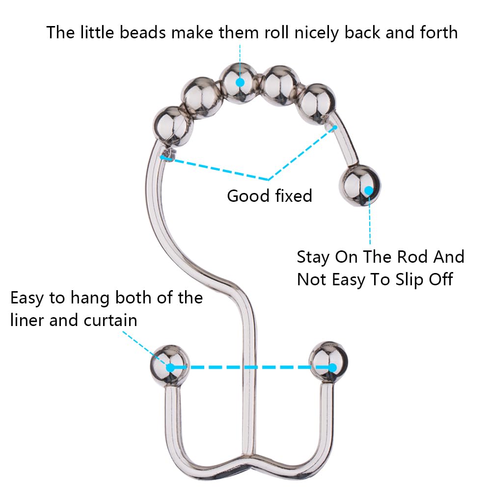Shower Curtain Hooks, Rust Proof Metal Easy Glide Double Rings, Stainless Steel Hangers Curtains, Set of 12, Brushed